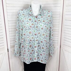 Potpourri Paris Eiffel Tower Rose Asher‎ Oversized Button Up Blouse Blue XL